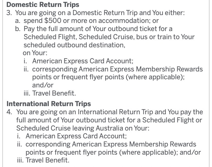 Extract from the American Express credit card travel insurance PDS