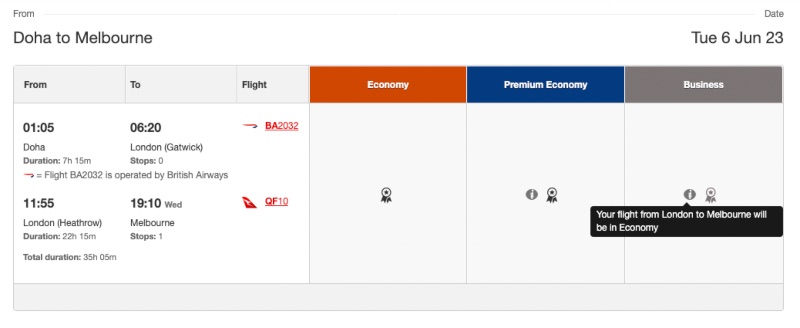 Qantas website showing DOH-LHR-MEL award availability
