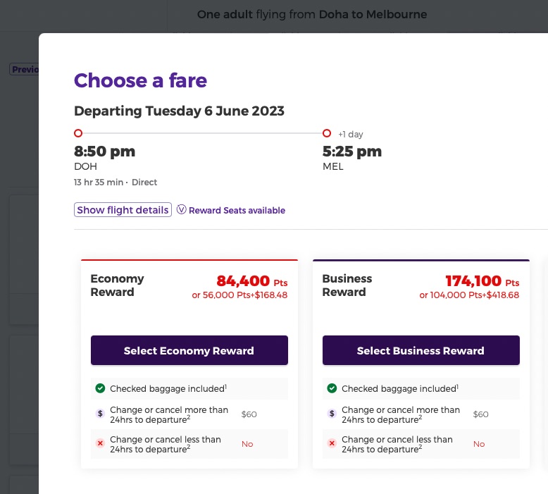 DOH-MEL reward seat availability showing on the Virgin Australia website