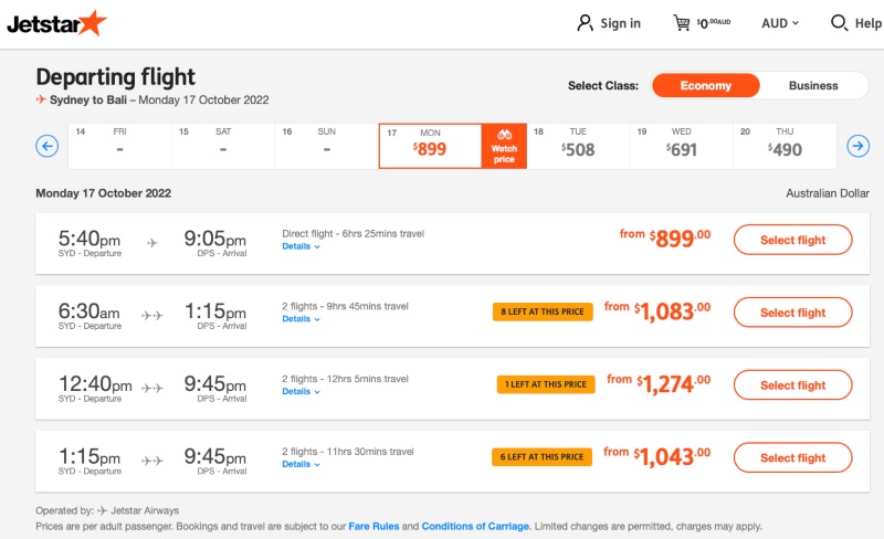 At the time of writing, it was not possible to buy a Jetstar ticket to Bali any time until 17 October 2022