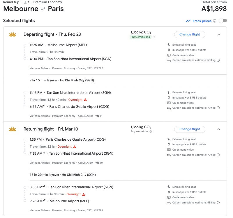 Example of a Vietnam Airlines sale fare from Melbourne to Paris