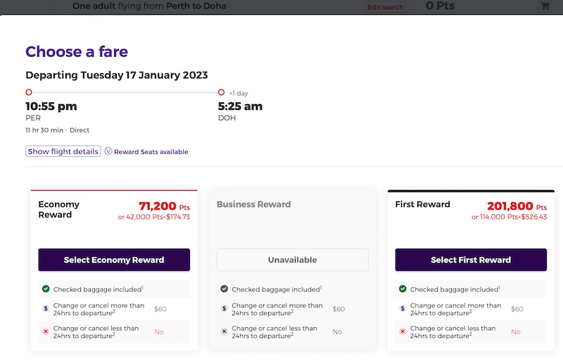 QR PER-DOH reward seats on the Virgin Australia website