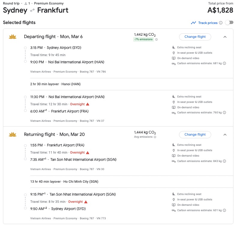 VN SYD-FRA sale fare itinerary