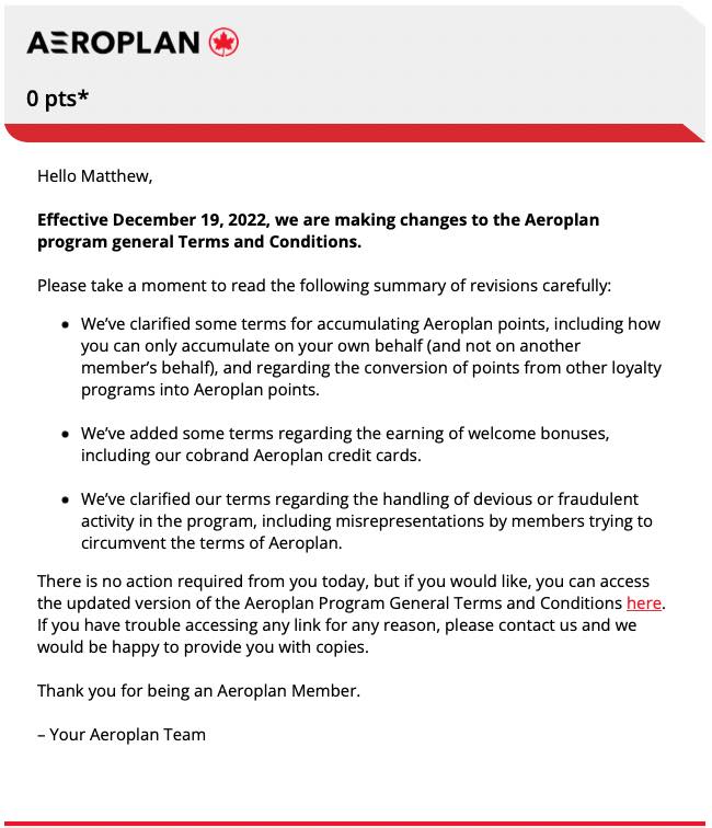 Email sent by Aeroplan to members on 18 October 2022