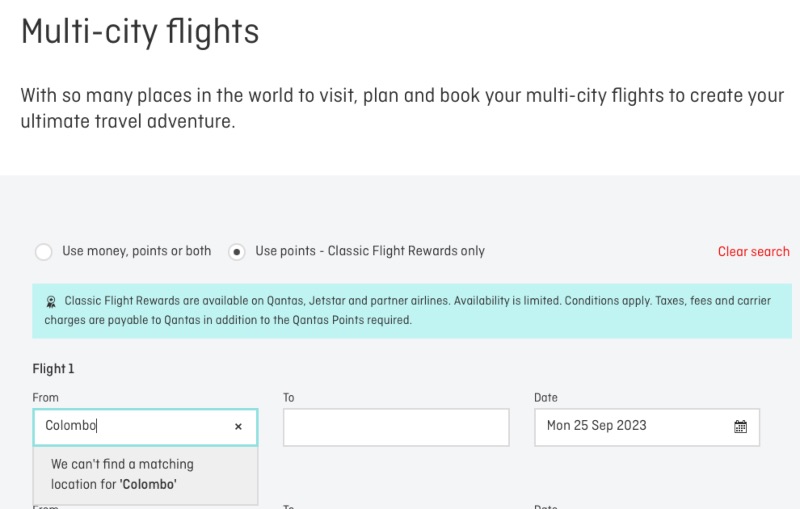 The Qantas website doesn't let you search for flights from many countries