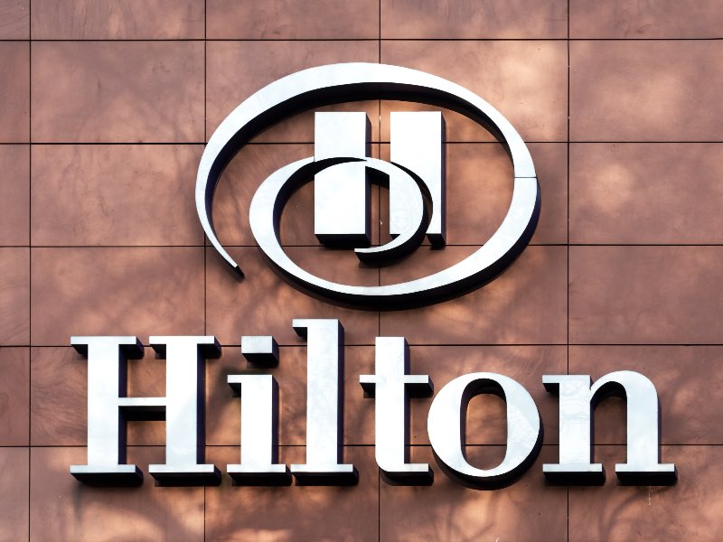 Frankfurt,Germany, 03/01/2020: The sign for a Hilton Hotel in Frankfurt. Hilton Hotels & Resorts is a global brand of full-service hotels and resorts and the flagship brand of Hilton.