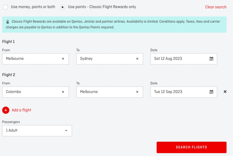 Screenshot from the Qantas website