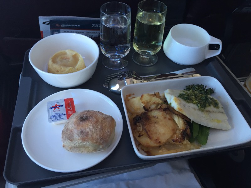 Barramundi served for lunch in Qantas Business Class from Broome to Perth