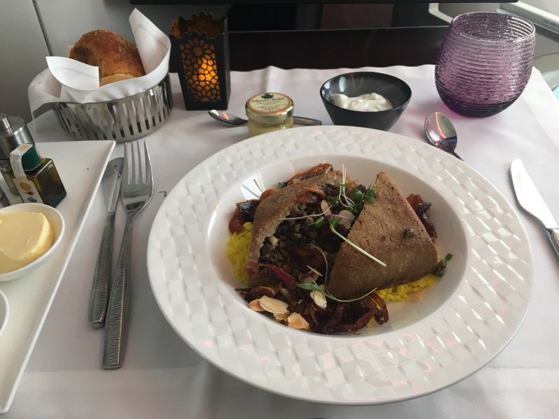 Lunch in Qatar Airways Business Class from Windhoek to Doha