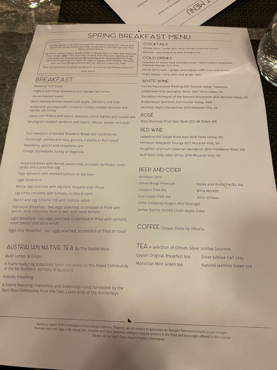 Spring breakfast menu in the Melbourne Qantas First Lounge