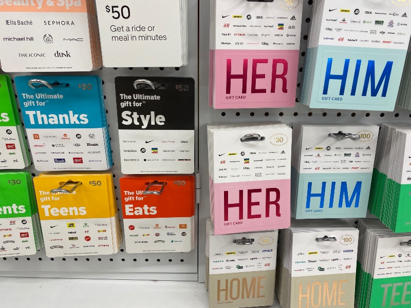 Gift cards on Coles supermarket shelf