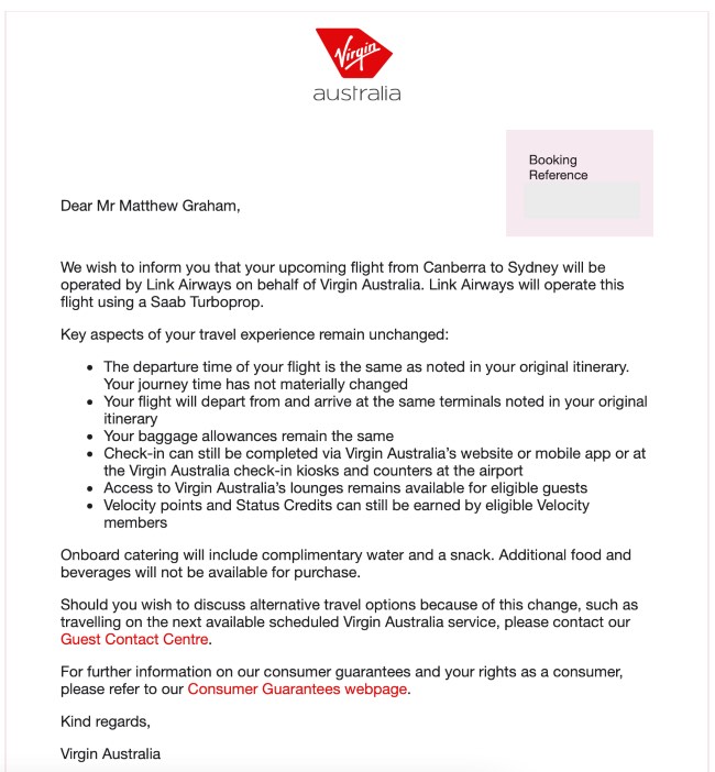 Email received from Virgin Australia