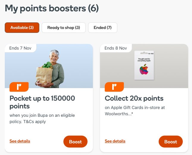 Example of a Woolworths offer of bonus Everyday Rewards points on Apple gift cards that needs to be boosted to be eligible