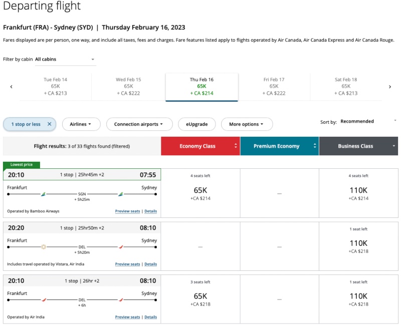 A sample of Aeroplan award availability from Frankfurt to Sydney, for travel in February 2023
