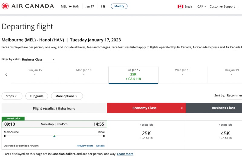 Example of a Melbourne-Hanoi flight available to book using Aeroplan points on the Air Canada website
