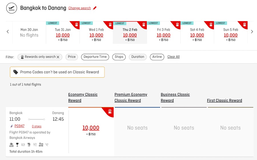 Bangkok Airways Classic Reward from Bangkok to Da Nang available on the Qantas website.