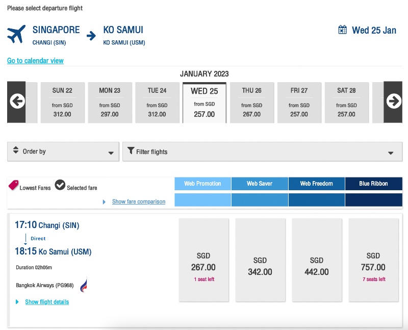 Airfares from Singapore to Ko Samui for sale on the Bangkok Airways website